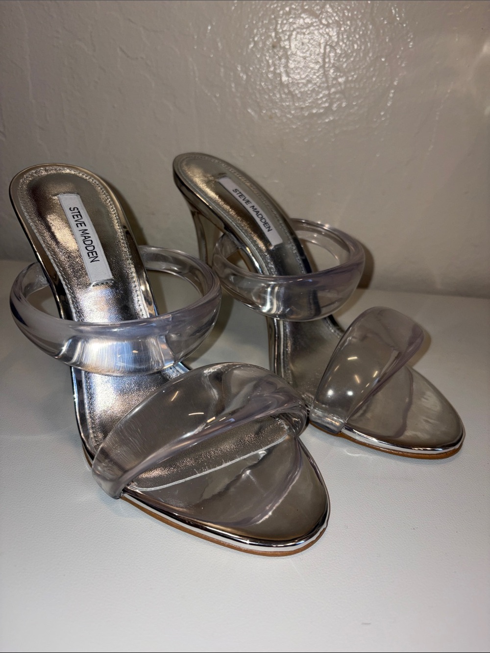 Steve Madden Silver Footbed Clear Jelly Double-Strap Heels 8